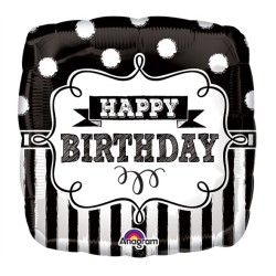 BALLON METALLIQUE CARRE NOIR ET BLANC ANNIVERSAIRE HAPPY BIRTHDAY 43 CM