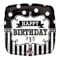 BALLON METALLIQUE CARRE NOIR ET BLANC ANNIVERSAIRE HAPPY BIRTHDAY 43 CM 