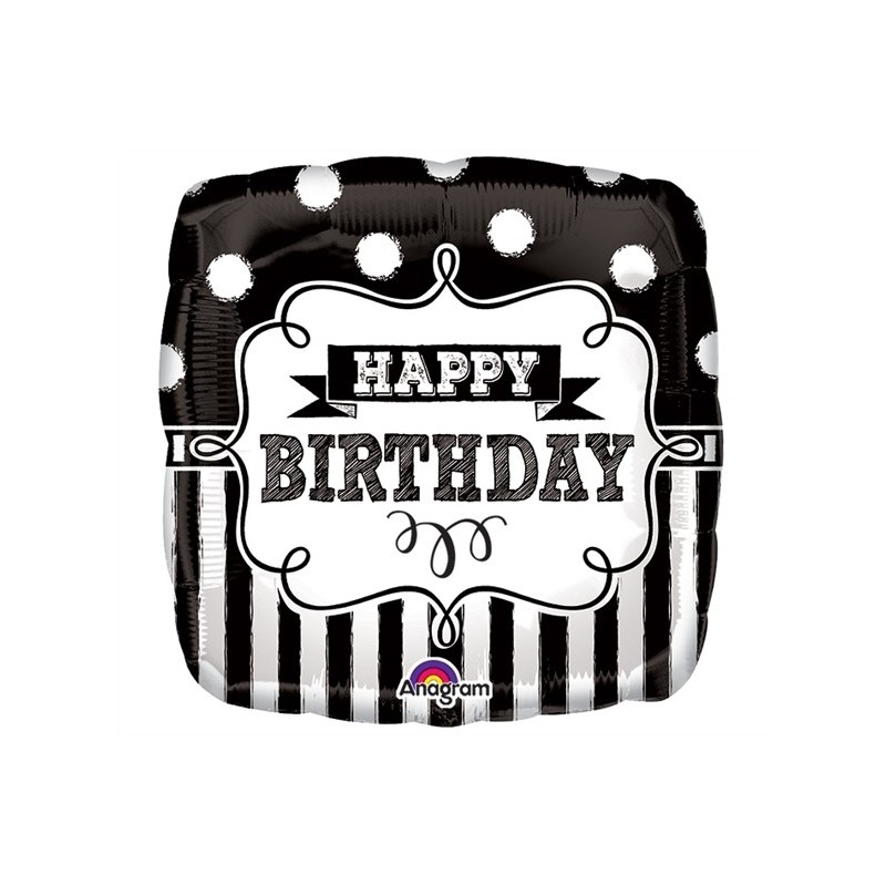 BALLON METALLIQUE CARRE NOIR ET BLANC ANNIVERSAIRE HAPPY BIRTHDAY 43 CM  BALLON METALLIQUE CARRE NOIR ET BLANC ANNIVERSAIRE HAPPY BIRTHDAY 43 CM