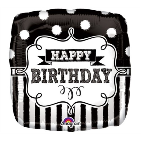 BALLON METALLIQUE CARRE NOIR ET BLANC ANNIVERSAIRE HAPPY BIRTHDAY 43 CM 