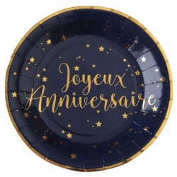 10 ASSIETTES RONDES 23 CM BLEU NUIT JOYEUX ANNIVERSAIRE OR