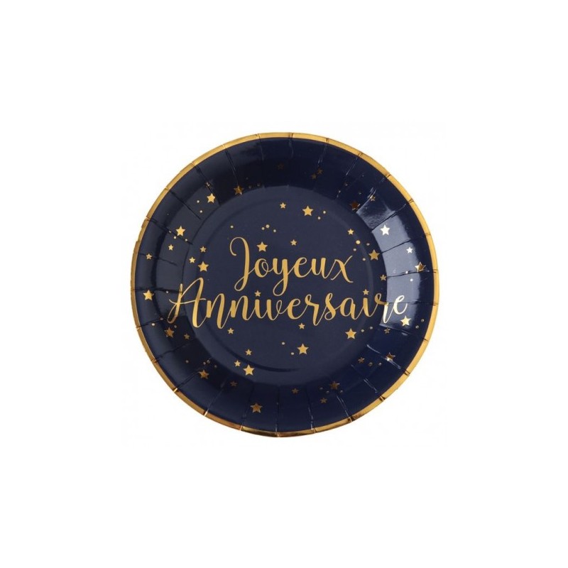 10 ASSIETTES RONDES 23 CM BLEU NUIT JOYEUX ANNIVERSAIRE OR