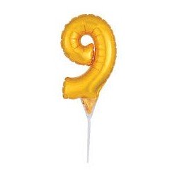 BALLON METALLIQUE PIQUE GATEAU CHIFFRE 9 15CM OR