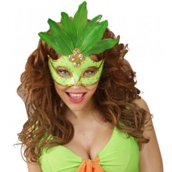 DEMI-MASQUE NEON VERT BRESIL AVEC PAILLETTES ET PLUMES 