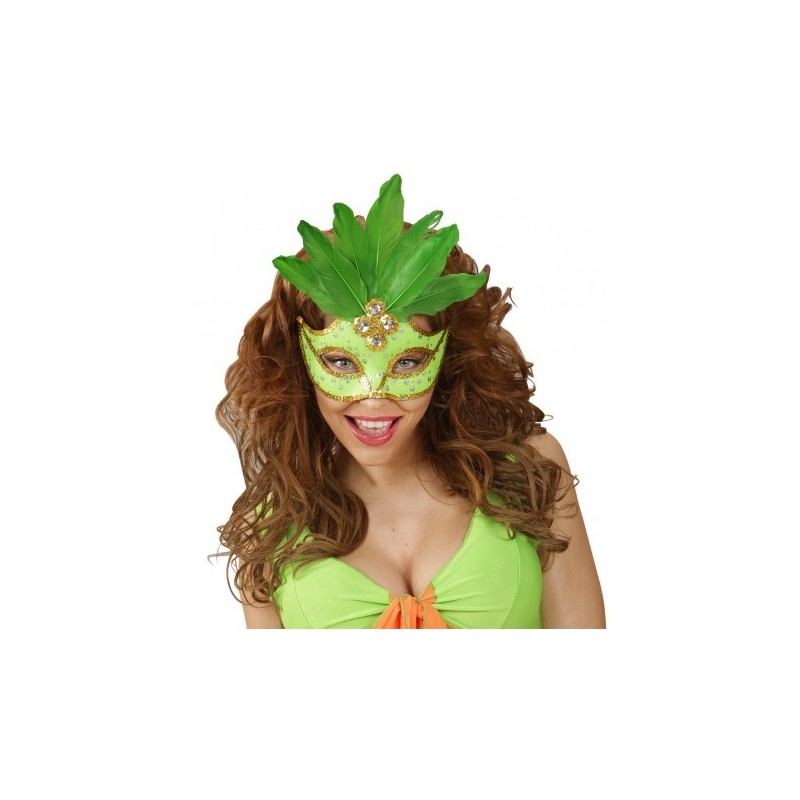 DEMI-MASQUE NEON VERT BRESIL AVEC PAILLETTES ET PLUMES  DEMI-MASQUE NEON VERT BRESIL AVEC PAILLETTES ET PLUMES