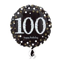 BALLON METALLIQUE 45CM HAPPY BIRTHDAY 100 NOIR OR HOLO