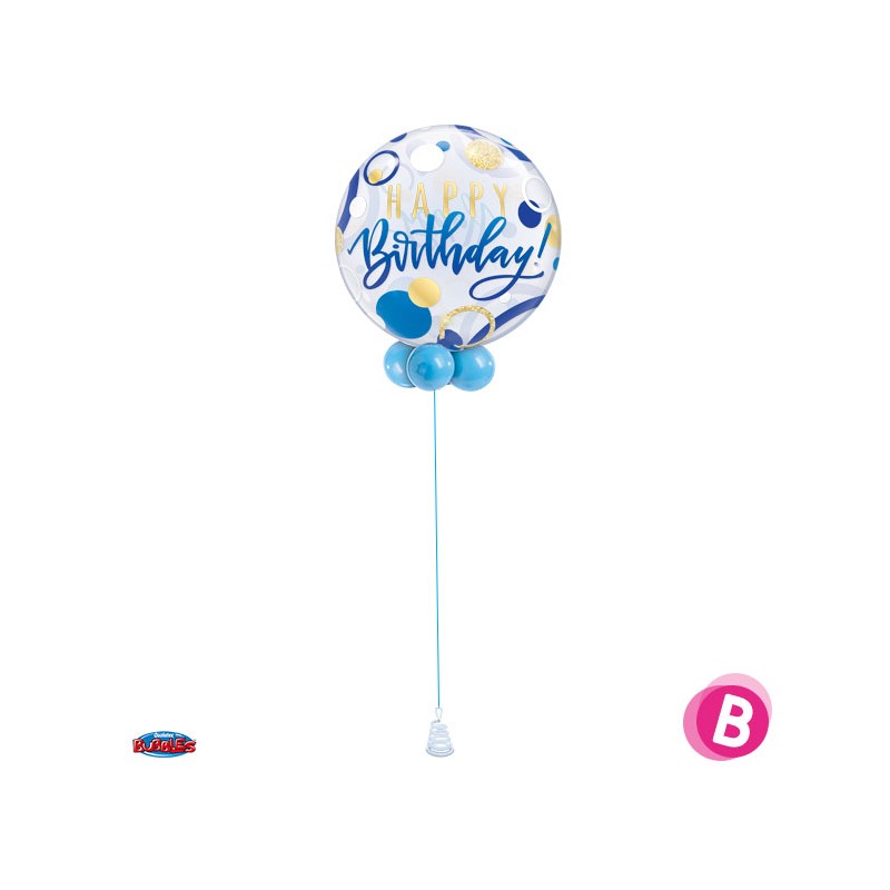 BALLON BUBBLES HAPPY BIRTHDAY BLEU AVEC POIDS OR DIAMETRE 56 CM