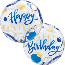 BALLON BUBBLES HAPPY BIRTHDAY BLEU AVEC POIDS OR DIAMETRE 56 CM