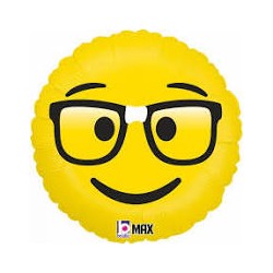 BALLON METALLIQUE ROND SMILEY AVEC LUNETTE 46 CM 