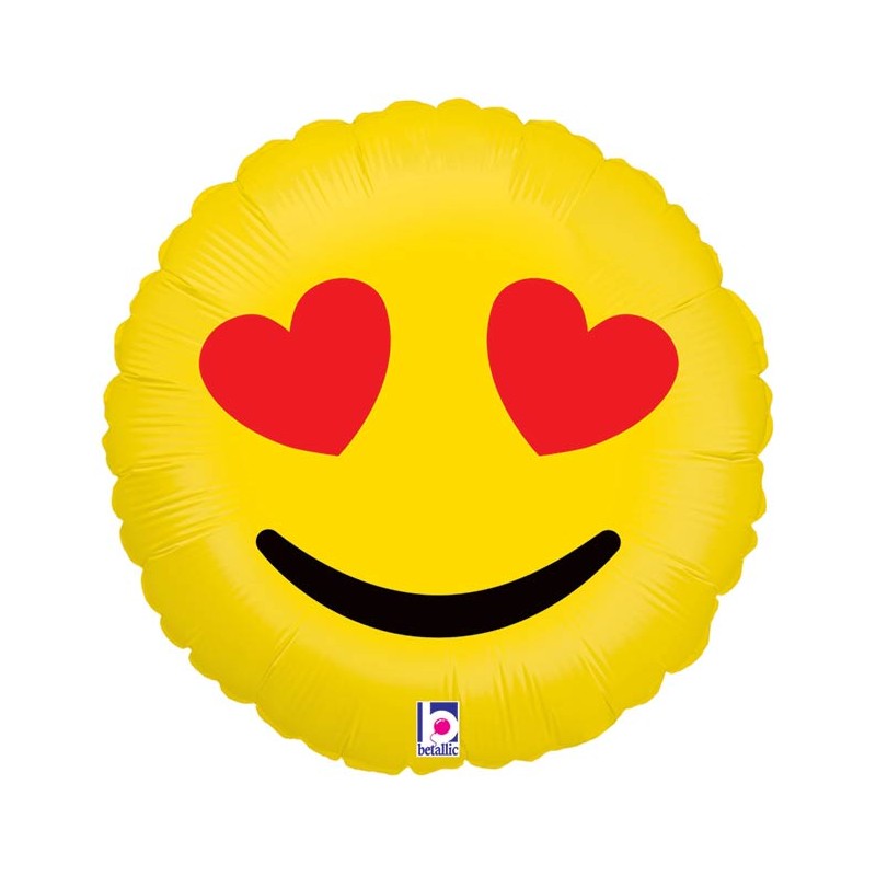 BALLON METALLIQUE ROND SMILEY AVEC COEUR AU YEUX 46 CM 