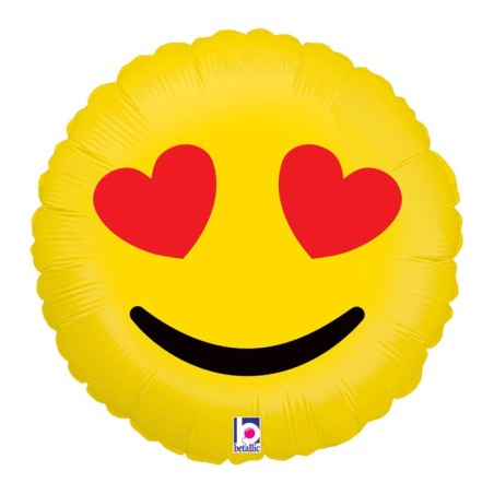 BALLON METALLIQUE ROND SMILEY AVEC COEUR AU YEUX 46 CM 