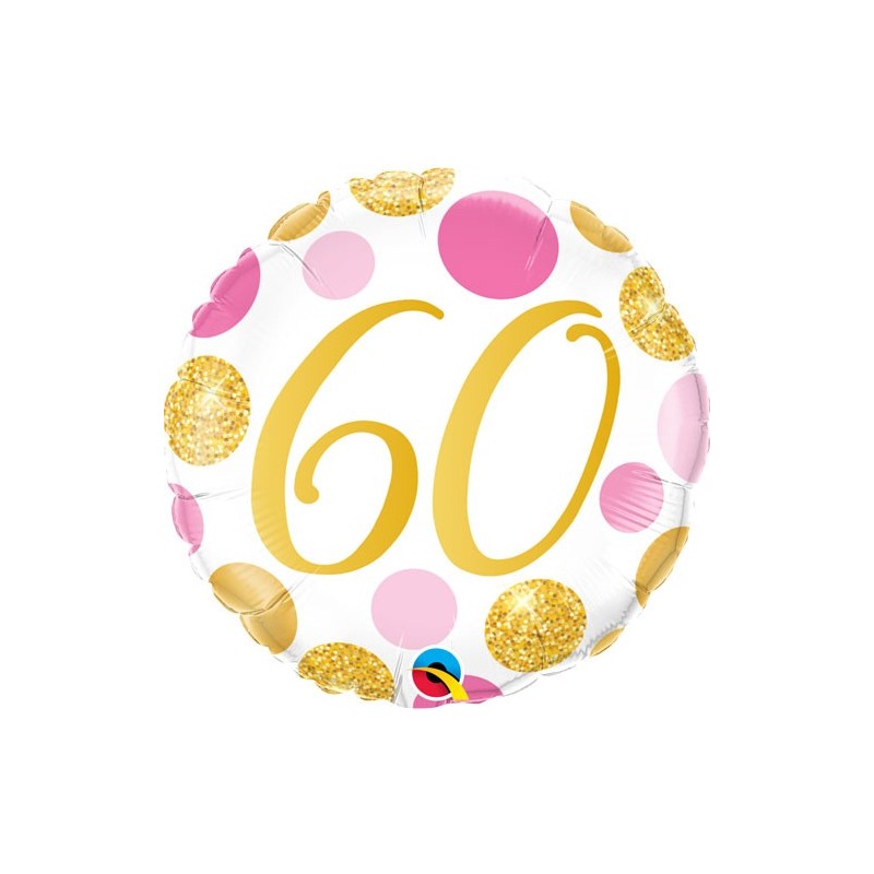 BALLON METALLIQUE  ROSE ET OR A POIS ANNIVERSAIRE CHIFFRE 60 46 CM  BALLON METALLIQUE  ROSE ET OR A POIS ANNIVERSAIRE CHIFFRE 60 46 CM