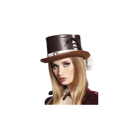 CHAPEAU HAUT DE FORME MARRON ET DENTELLE STEAMPUNK