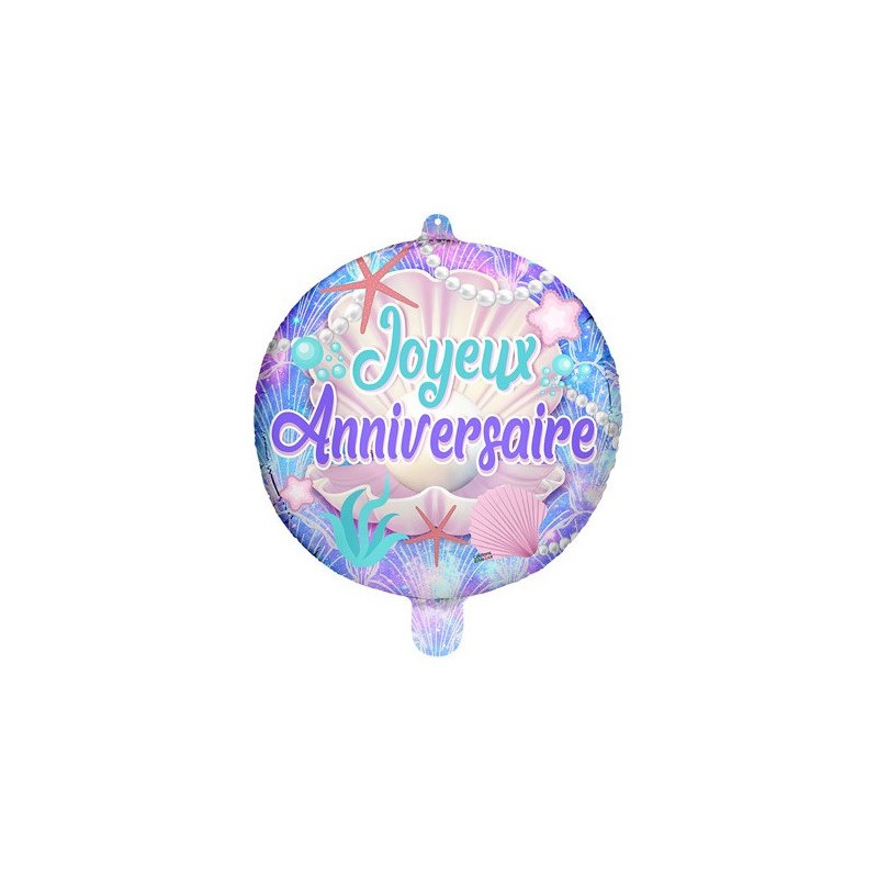 BALLON METALLIQUE ROND 45 CM JOYEUX ANNIVERSAIRE COQUILLAGES 