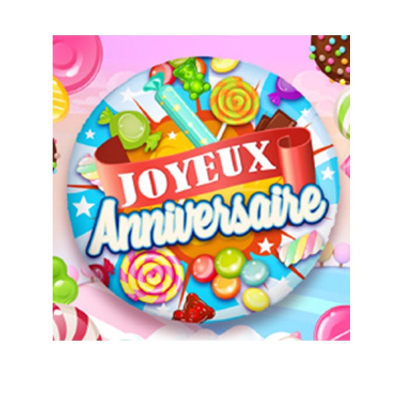 BALLON METALLIQUE ROND 45 CM JOYEUX ANNIVERSAIRE BONBON BLEU 