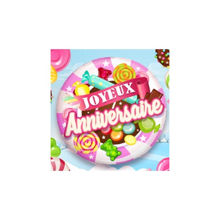 BALLON METALLIQUE ROND 45 CM JOYEUX ANNIVERSAIRE BONBON ROSE