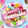 BALLON METALLIQUE ROND 45 CM JOYEUX ANNIVERSAIRE BONBON ROSE