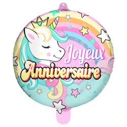 BALLON METALLIQUE ROND 45 CM JOYEUX ANNIVERSAIRE LICORNE 