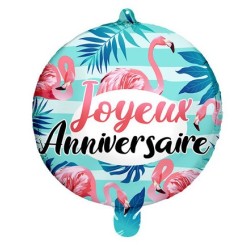 BALLON METALLIQUE ROND JOYEUX ANNIVERSAIRE FLAMANT ROSE 45 CM 