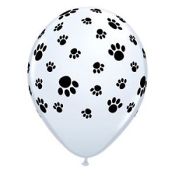 25 BALLONS LATEX QUALATEX BLANCS IMPRIMES PATTES D'ANIMAUX