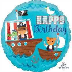 BALLON METALLIQUE ROND BATEAU DE PIRATE HAPPY BIRTHDAY 43 CM