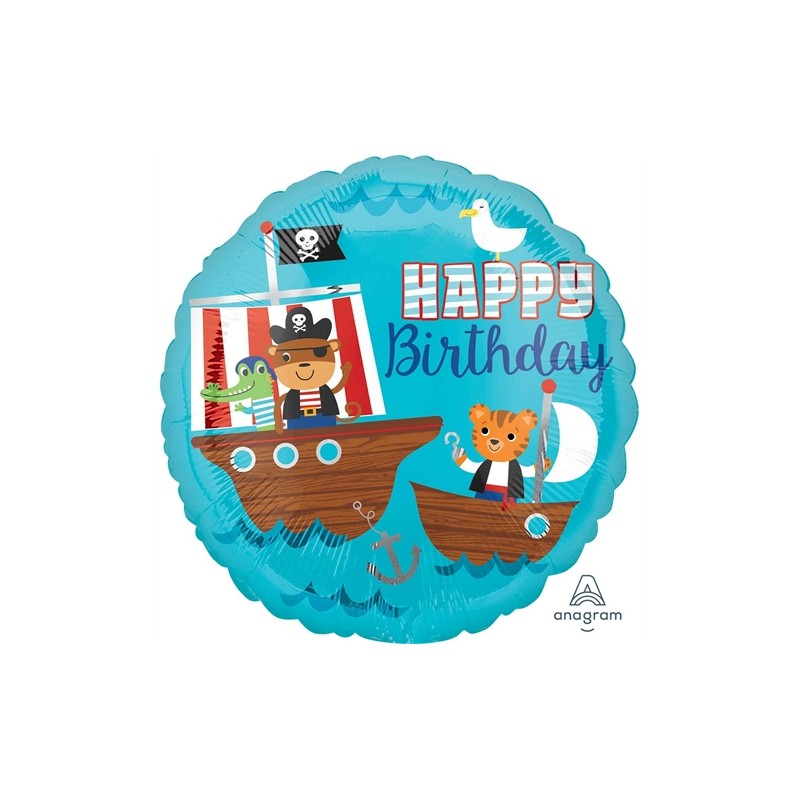 BALLON METALLIQUE ROND BATEAU DE PIRATE HAPPY BIRTHDAY 43 CM