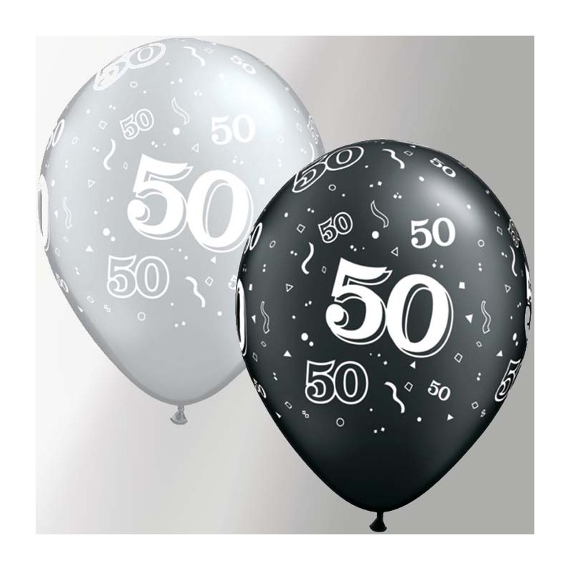 1 BALLON LATEX QUALATEX 50 ANS NOIR ET ARGENT 11"