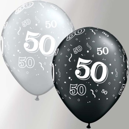 1 BALLON LATEX QUALATEX 50 ANS NOIR ET ARGENT 11"