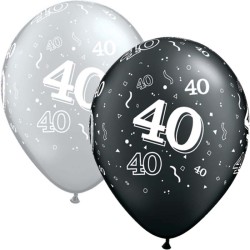 1 BALLON LATEX QUALATEX 40 ANS NOIR ET ARGENT 11"