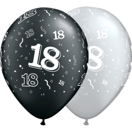 1 BALLON LATEX 18 ANS NOIR ET ARGENT 11"