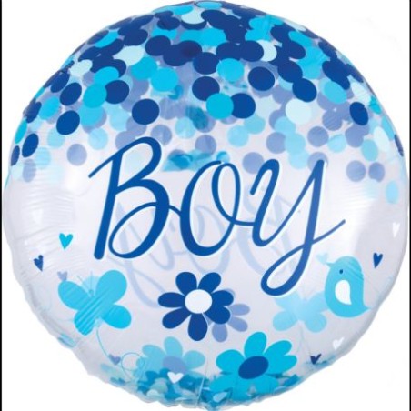 BALLON METALLIQUE BABY BOY AVEC CONFETTIS BLEU 71 CM 