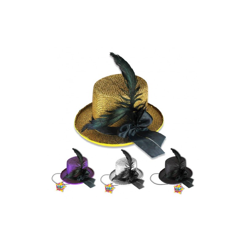 CHAPEAU HAUT DE FORME PLUMES 4 COULEURS ASSORTIES