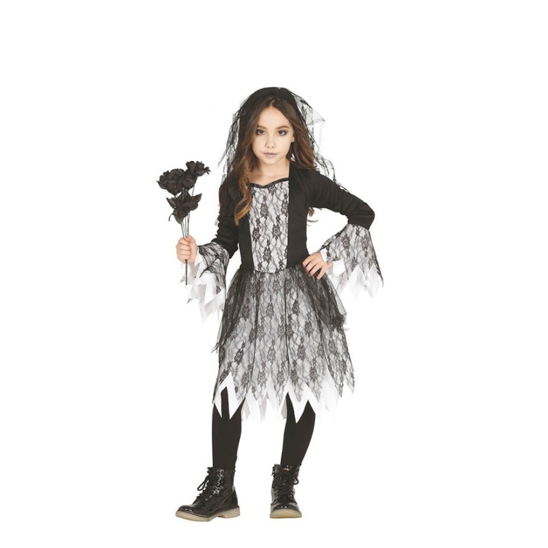 DEGUISEMENT ROBE NOIRE-BLANCHE DENTELLE HALLOWEEN TAILLE 10/12 ANS