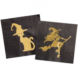 12 SERVIETTES HALLOWEEN SORCIERE ET CHAT NOIR ET OR 33 X 33 CM