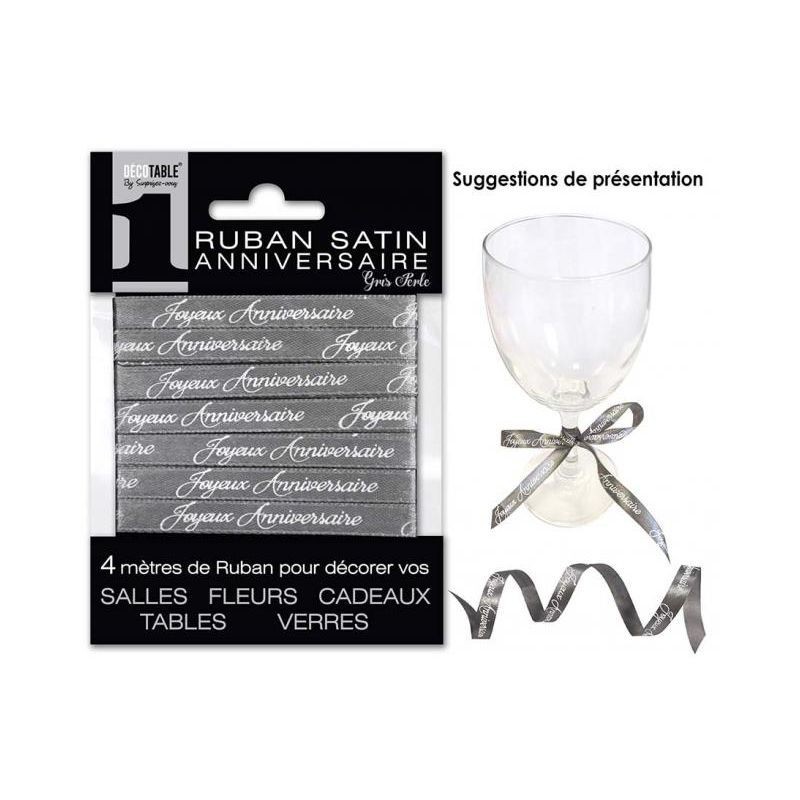 RUBAN SATIN GRIS PERLE ANNIVERSAIRE 4 METRES RUBAN SATIN GRIS PERLE ANNIVERSAIRE 4 METRES