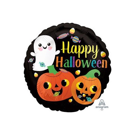 BALLON METALLIQUE ROND HAPPY HALLOWEEN FANTOME ET CITROUILLE 46 CM