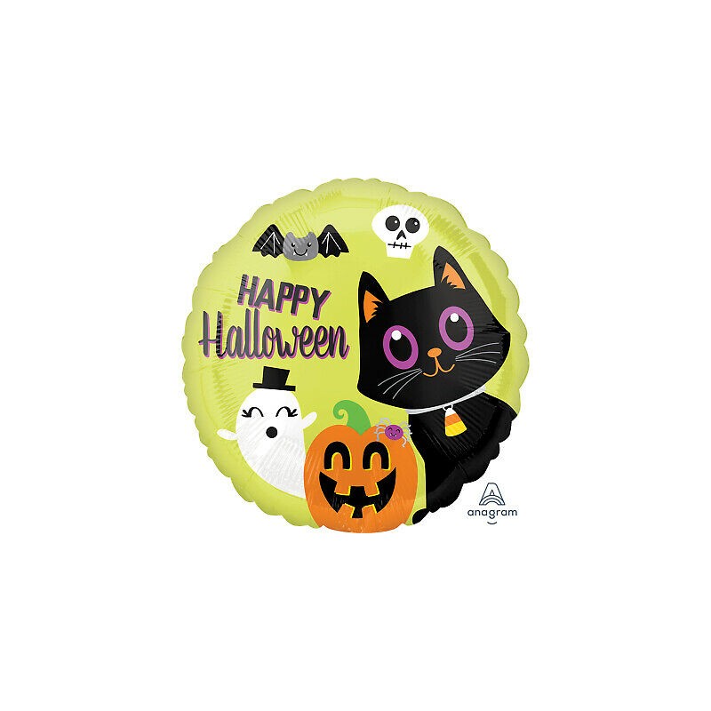 BALLON METALLIQUE ROND HAPPY HALLOWEEN CHAT FANTOME ET CITROUILLE 46 CM