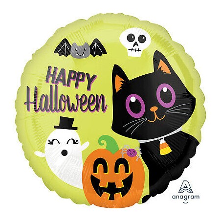 BALLON METALLIQUE ROND HAPPY HALLOWEEN CHAT FANTOME ET CITROUILLE 46 CM