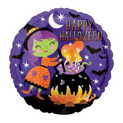 BALLON METALLIQUE ROND HAPPY HALLOWEEN SORCIERE ET CHAUDRON 46 CM