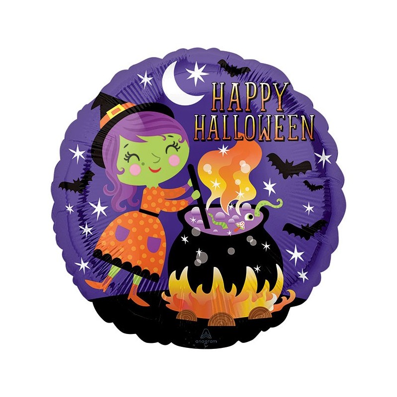 BALLON METALLIQUE ROND HAPPY HALLOWEEN SORCIERE ET CHAUDRON 46 CM BALLON METALLIQUE ROND HAPPY HALLOWEEN SORCIERE ET CHAUDRON 46 CM