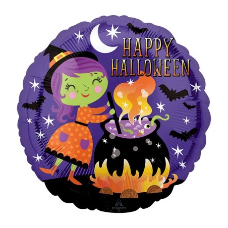 BALLON METALLIQUE ROND HAPPY HALLOWEEN SORCIERE ET CHAUDRON 46 CM