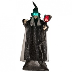 DECORATION HALLOWEEN SORCIERE SUR PIED AVEC BALAI SON ET LUMIERE 180 CM 