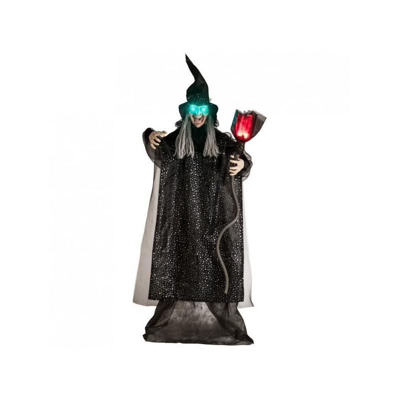 DECORATION HALLOWEEN SORCIERE SUR PIED AVEC BALAI SON ET LUMIERE 180 CM 