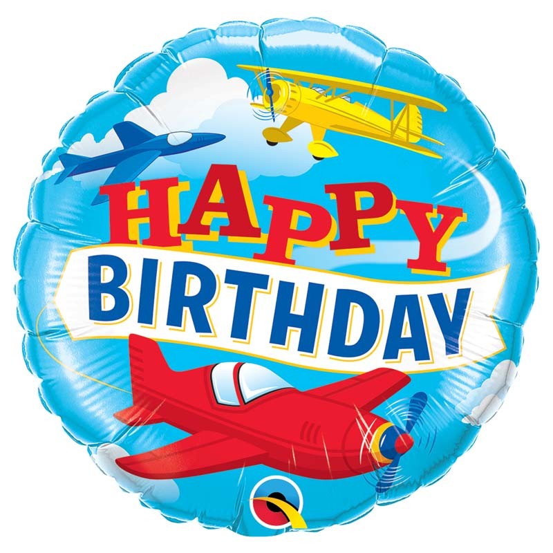 BALLON METALLIQUE ROND HAPPY BIRTHDAY AVION 46 CM 