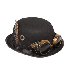 CHAPEAU MELON FEUTRE AVEC LUNETTES STEAMPUNK