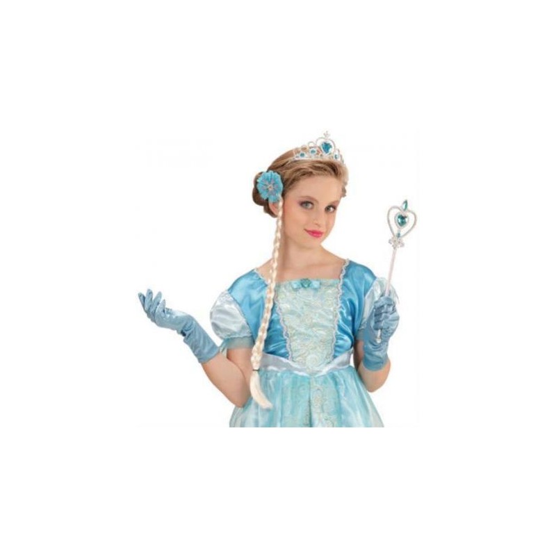 SET DE PRINCESSE DES NEIGES BLEUE GANTS, DIADEME, NATTE ET BAGUETTE