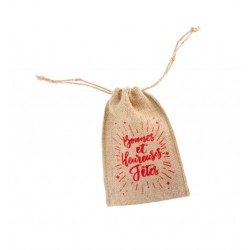 SAC JUTE  BONNE ET HEUREUSES FETES  ROUGE 12 X 15 CM 