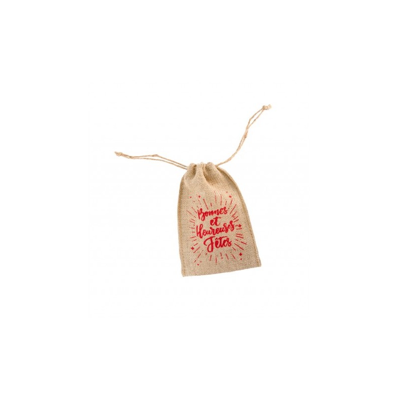 SAC JUTE  BONNE ET HEUREUSES FETES  ROUGE 12 X 15 CM 