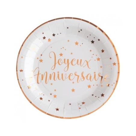 10 ASSIETTES RONDES 23 CM BLANCHES JOYEUX ANNIVERSAIRE ROSE GOLD