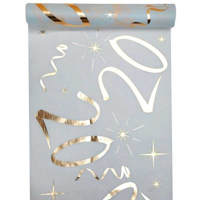 CHEMIN DE TABLE 20 ANS BLANC ET OR 30 CM X 5 M